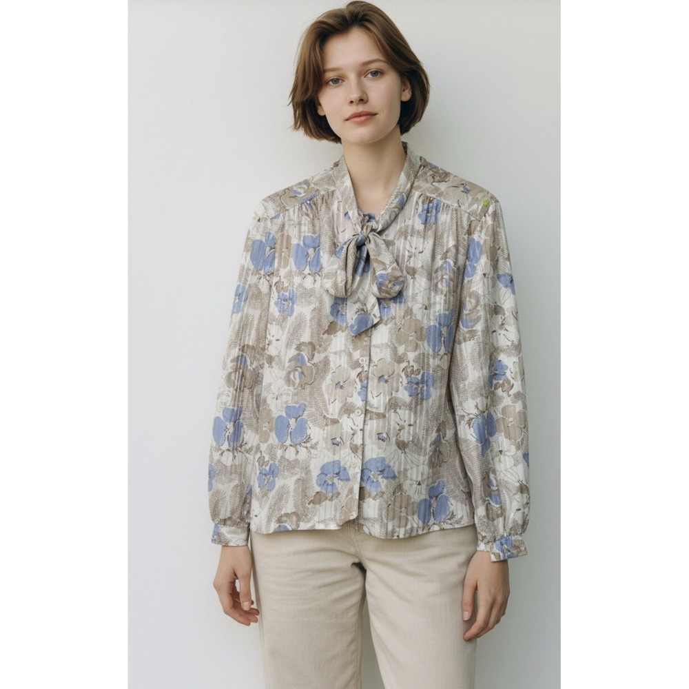 Vintage Women's 18 Blouse Tie Bow Satin Look Floral Stripe Button Cape Cod